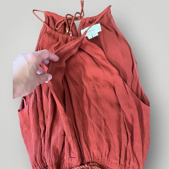 Elevenses Anthropologie Halter Jumpsuit S Rust Crinkle Tassel Tie Waist Cuffed - Picture 7 of 10